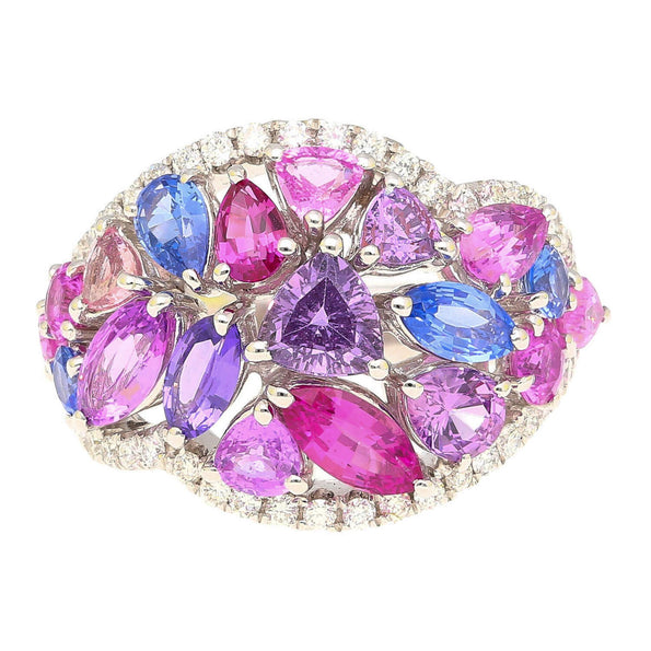 Multicolor Sapphire Pear Marquise Mix & Diamond Cluster 18K White Gold Dome Ring