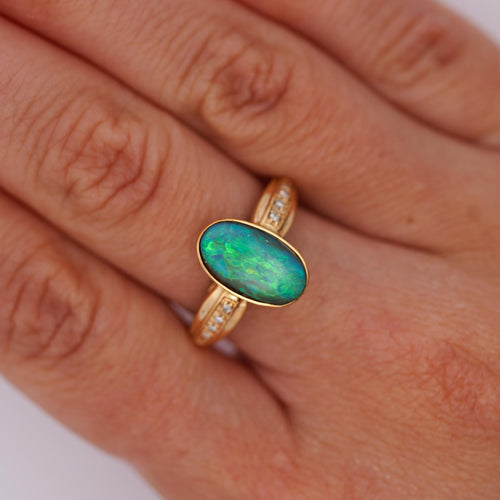 Natural 0.12 Carat Diamond with Black Opal Doublet in 18K & 14K Yellow Gold Ring