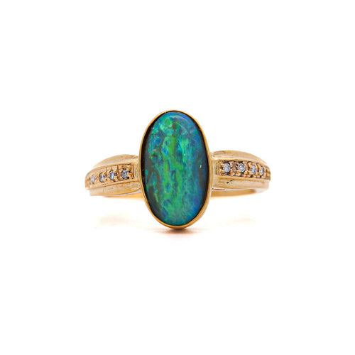 Natural 0.12 Carat Diamond with Black Opal Doublet in 18K & 14K Yellow Gold Ring