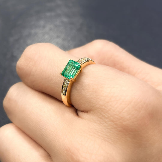 Natural 1 Carat Emerald & Baguette Diamond 18K Gold East West Ring