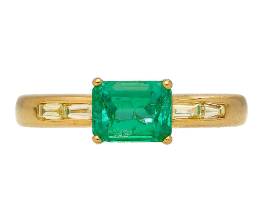 Natural 1 Carat Emerald & Baguette Diamond 18K Gold East West Ring