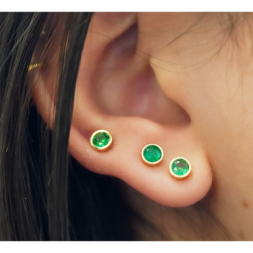 2 Carat Emerald Round Bezel Stud Earrings 14K Gold