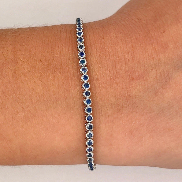 Natural 1.5 Carat Blue Sapphire in 14K White Gold Ball Style Tennis Bracelet