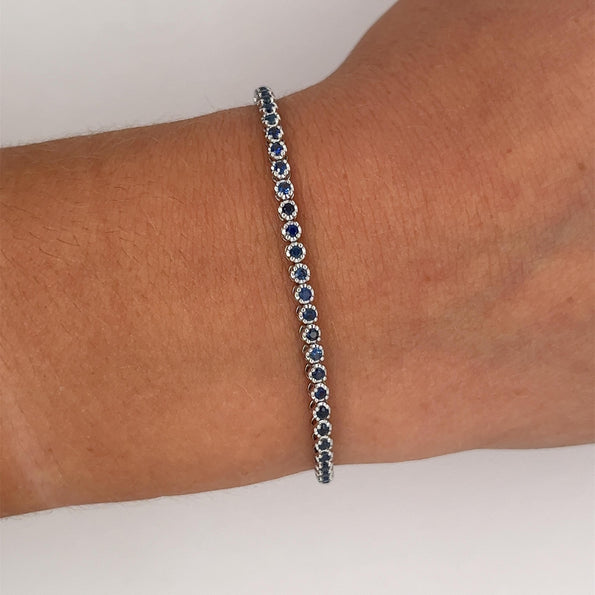 Natural 1.5 Carat Blue Sapphire in 14K White Gold Ball Style Tennis Bracelet