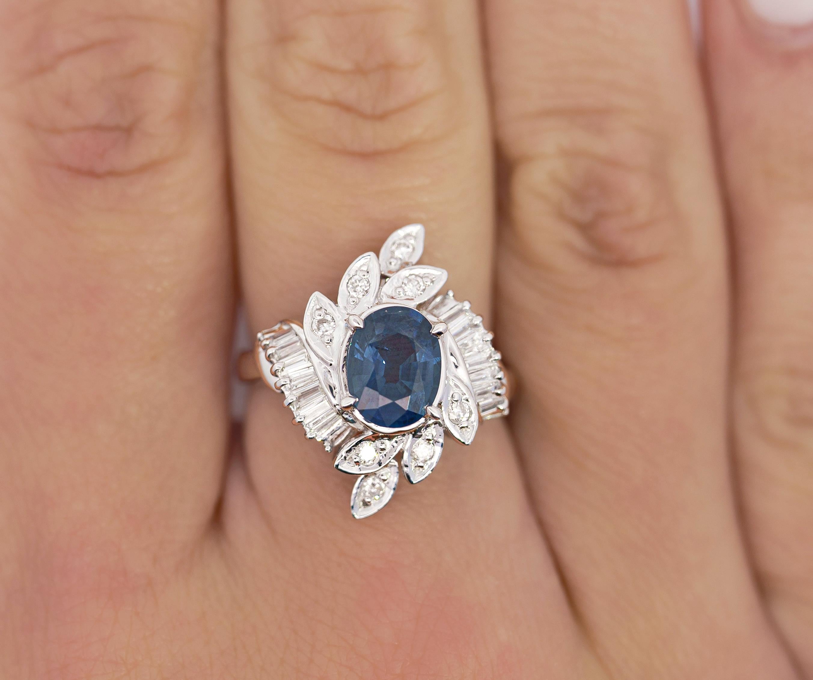 Natural 1.52 Carat Oval Blue Sapphire and Diamond Platinum Floral Ring