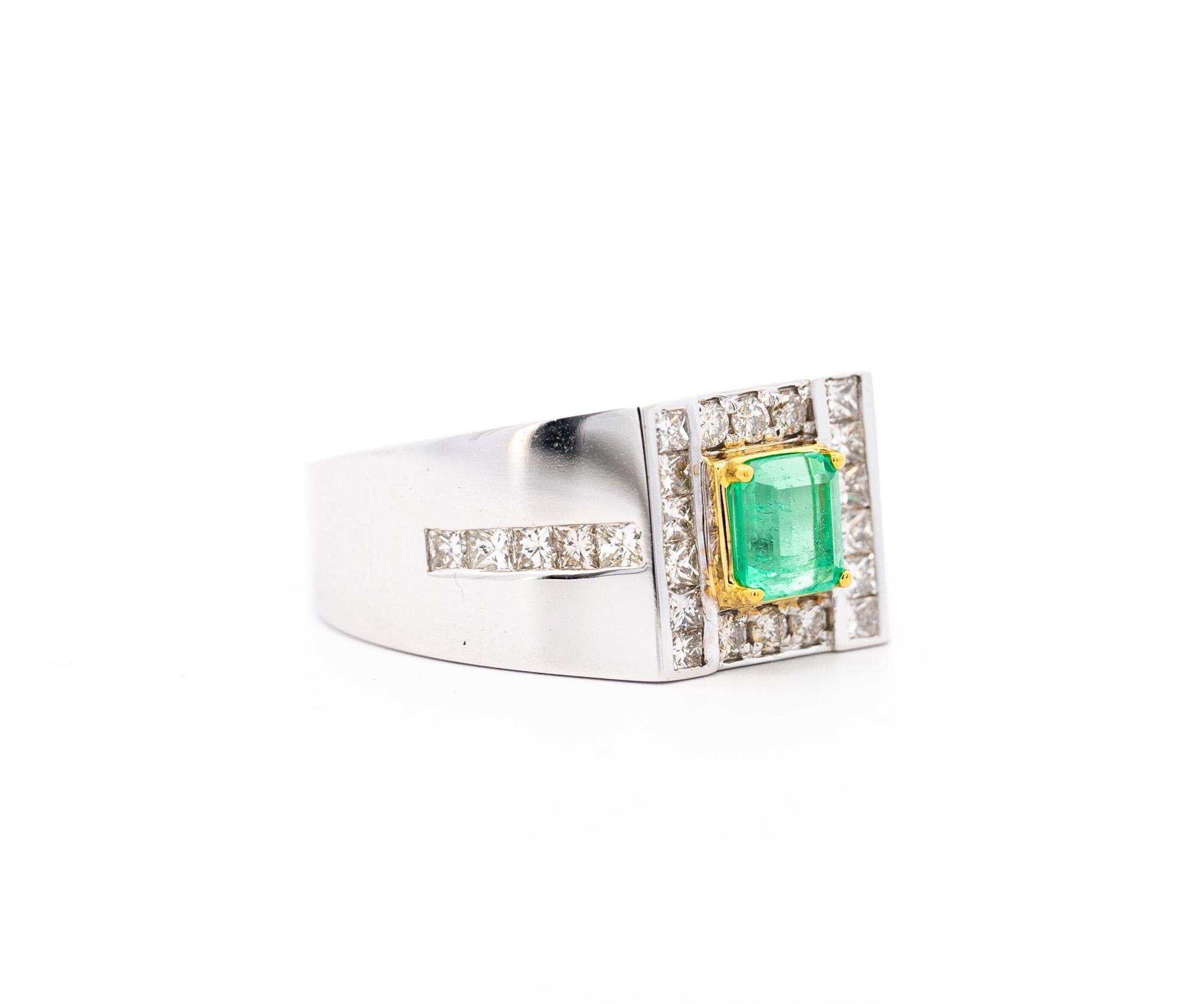 Natural 1.78 Carat Emerald and Diamond 18K Gold Mens Ring