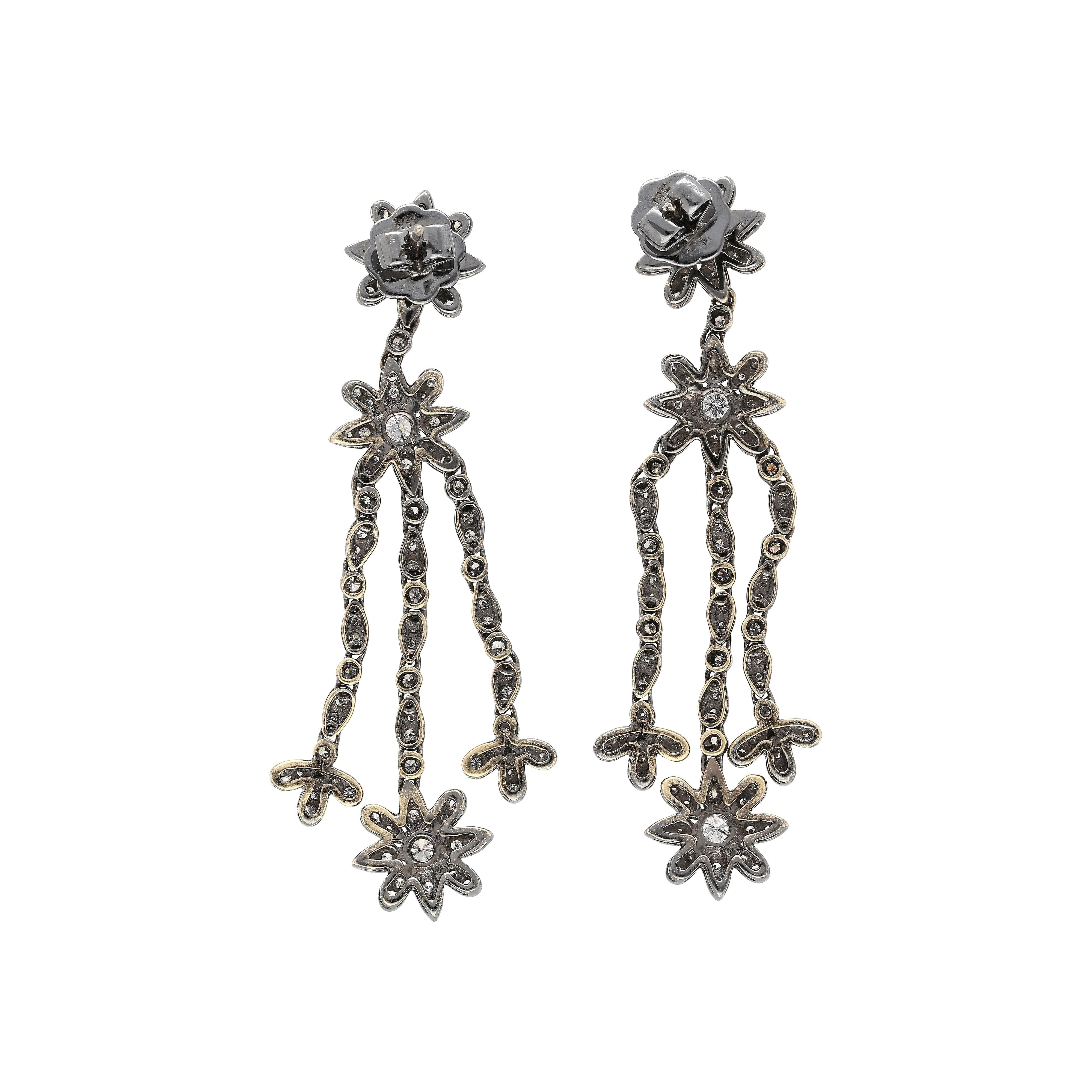 Natural 2 Carat Floral Diamond Dangle Drop Earrings in 18K White & Black Gold-Earrings-ASSAY