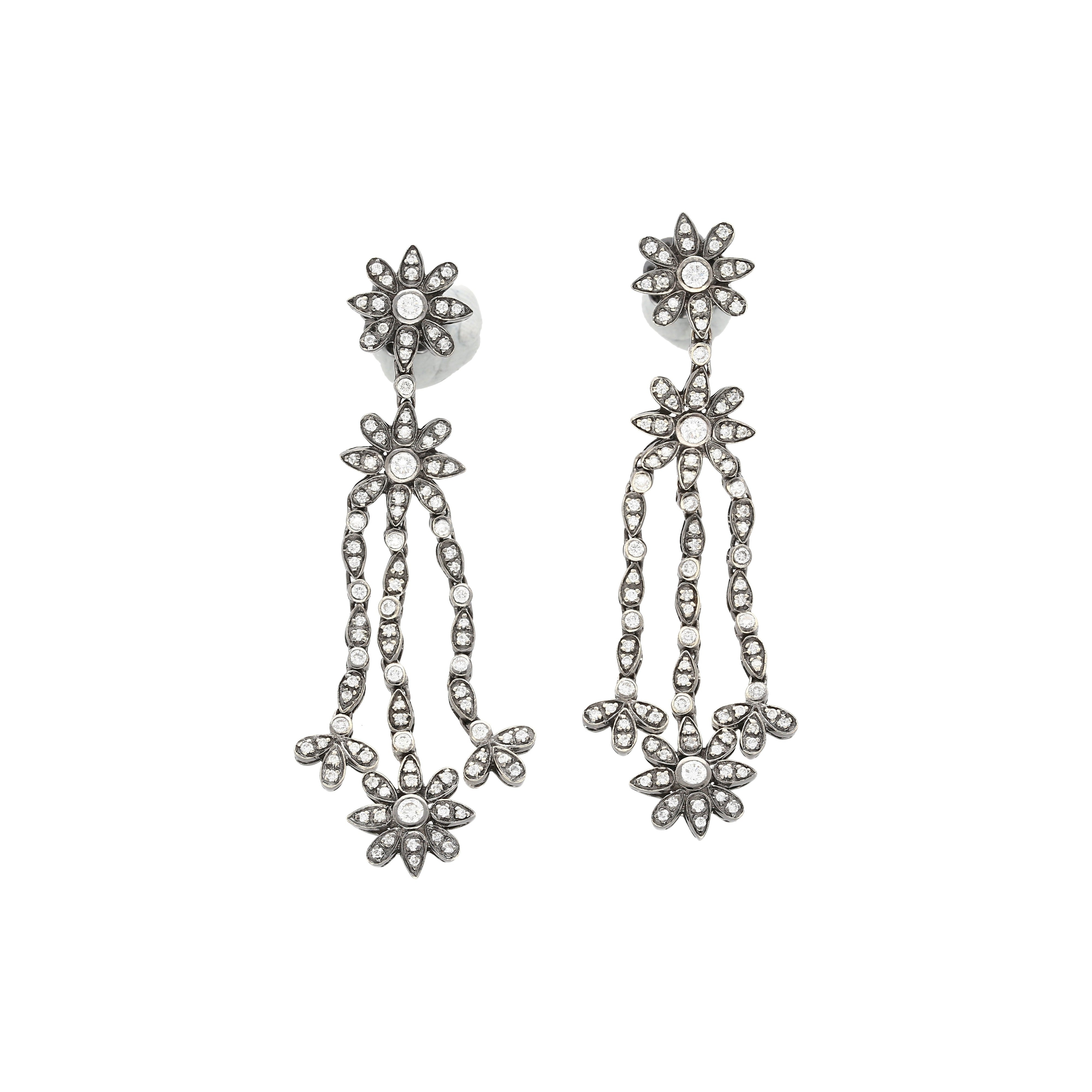 Natural 2 Carat Floral Diamond Dangle Drop Earrings in 18K White & Black Gold-Earrings-ASSAY