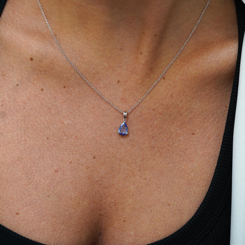 Natural 2 Carat Pear Cut Tanzanite in 18K White Gold Teardrop Pendant Necklace