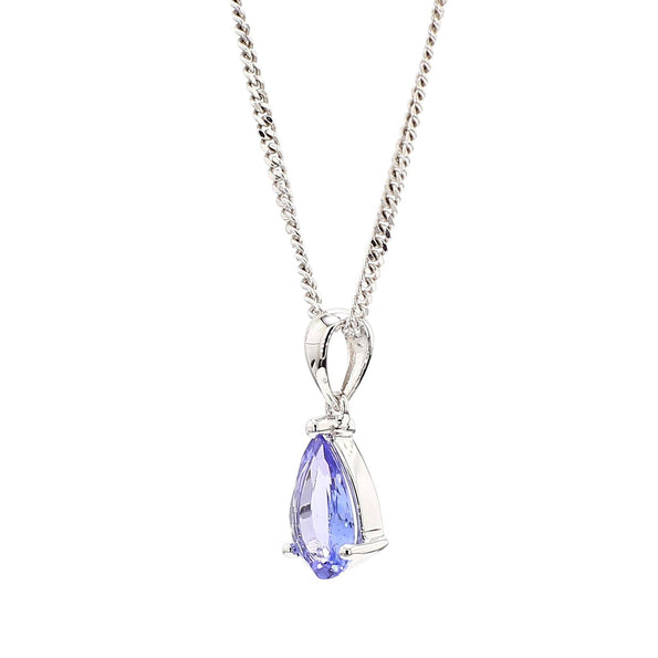 Natural 2 Carat Pear Cut Tanzanite in 18K White Gold Teardrop Pendant Necklace