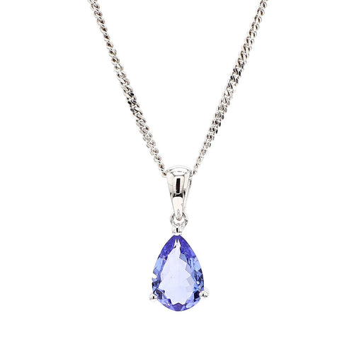 Natural 2 Carat Pear Cut Tanzanite in 18K White Gold Teardrop Pendant Necklace