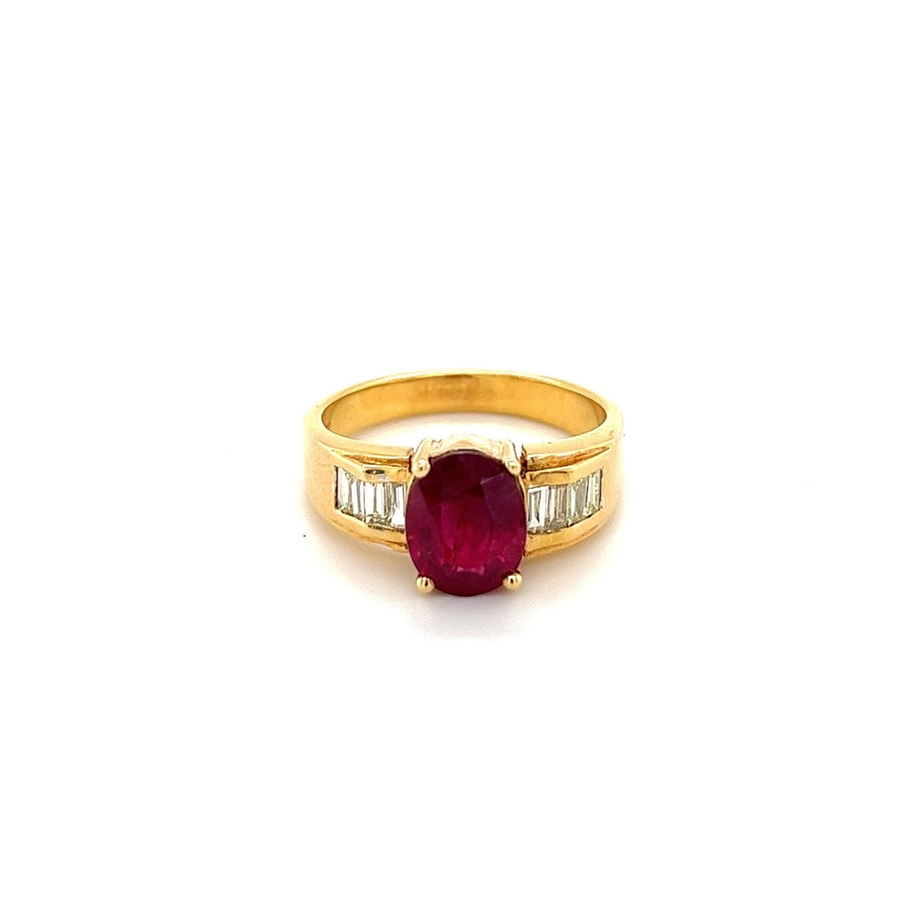 Side Part Ruby Natural 2 Carat Ruby and Baguette cut diamond Side Stones in 18K Gold
