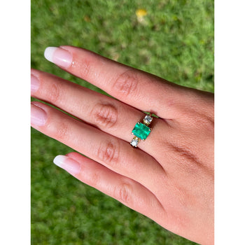 Natural 2.05 Carat Colombian Emerald and Diamond Three-Stone Thin Band Ring in 14K Yellow Gold – Assay Jewelers