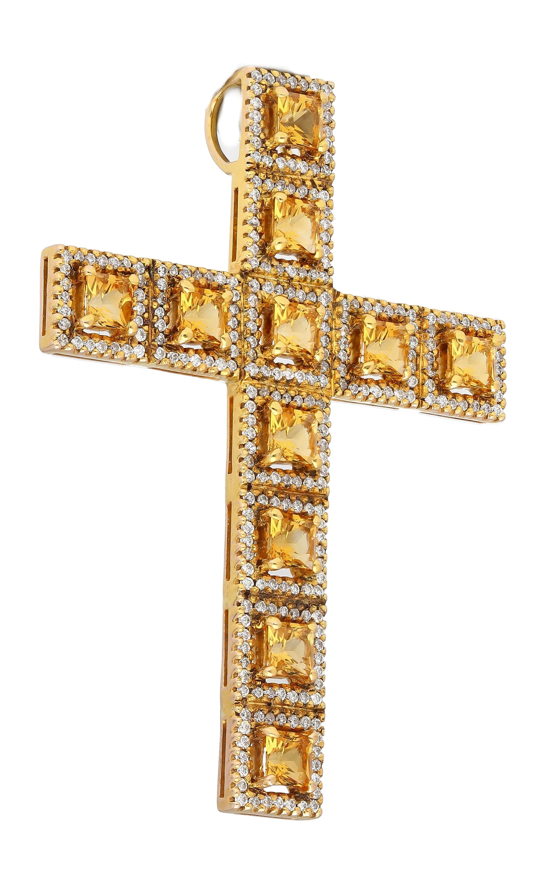 Natural 2.33 Carat Princess Cut Yellow Sapphire & Diamond Halo Cross Pendant