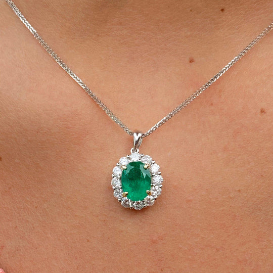 Natural 3 Carat Emerald & Diamond Halo 14K White Gold Pendant