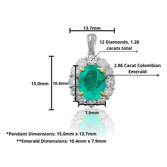 Natural 3 Carat Emerald & Diamond Halo 14K White Gold Pendant