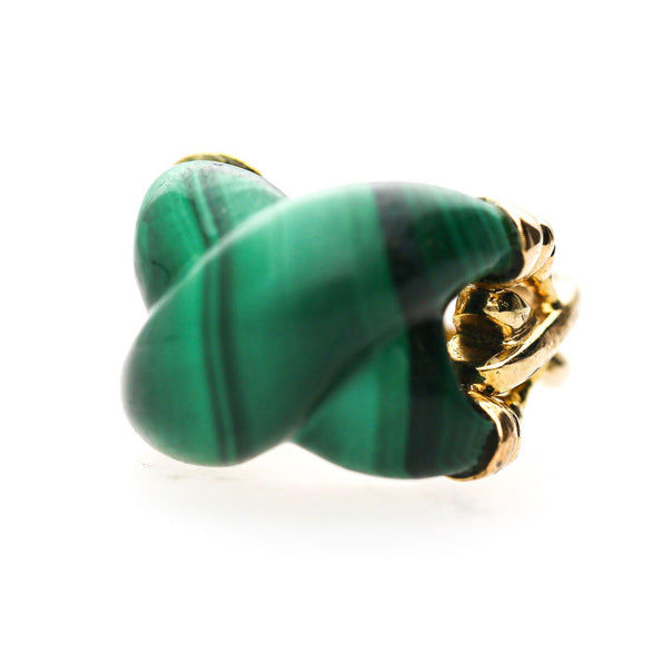 Natural Carved Malachite Quatrefoil Floral Dome Four-Prong 14K Yellow Gold Ring