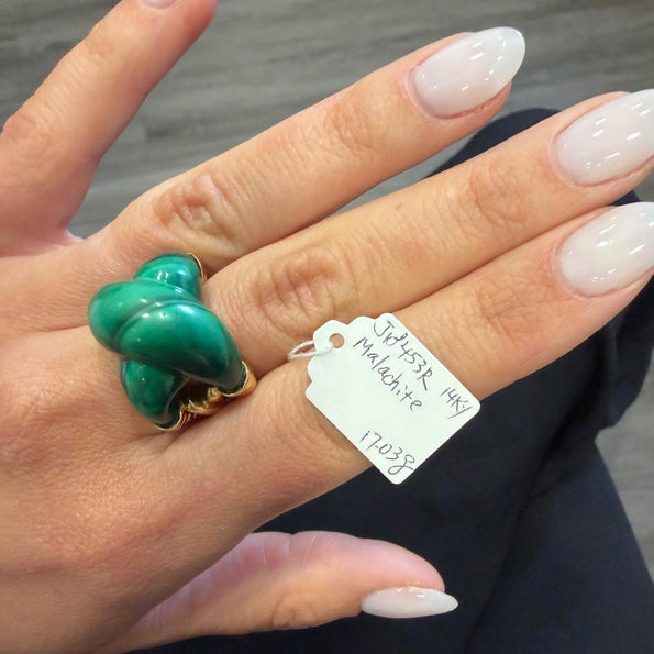 Natural Carved Malachite Quatrefoil Floral Dome Four-Prong 14K Yellow Gold Ring
