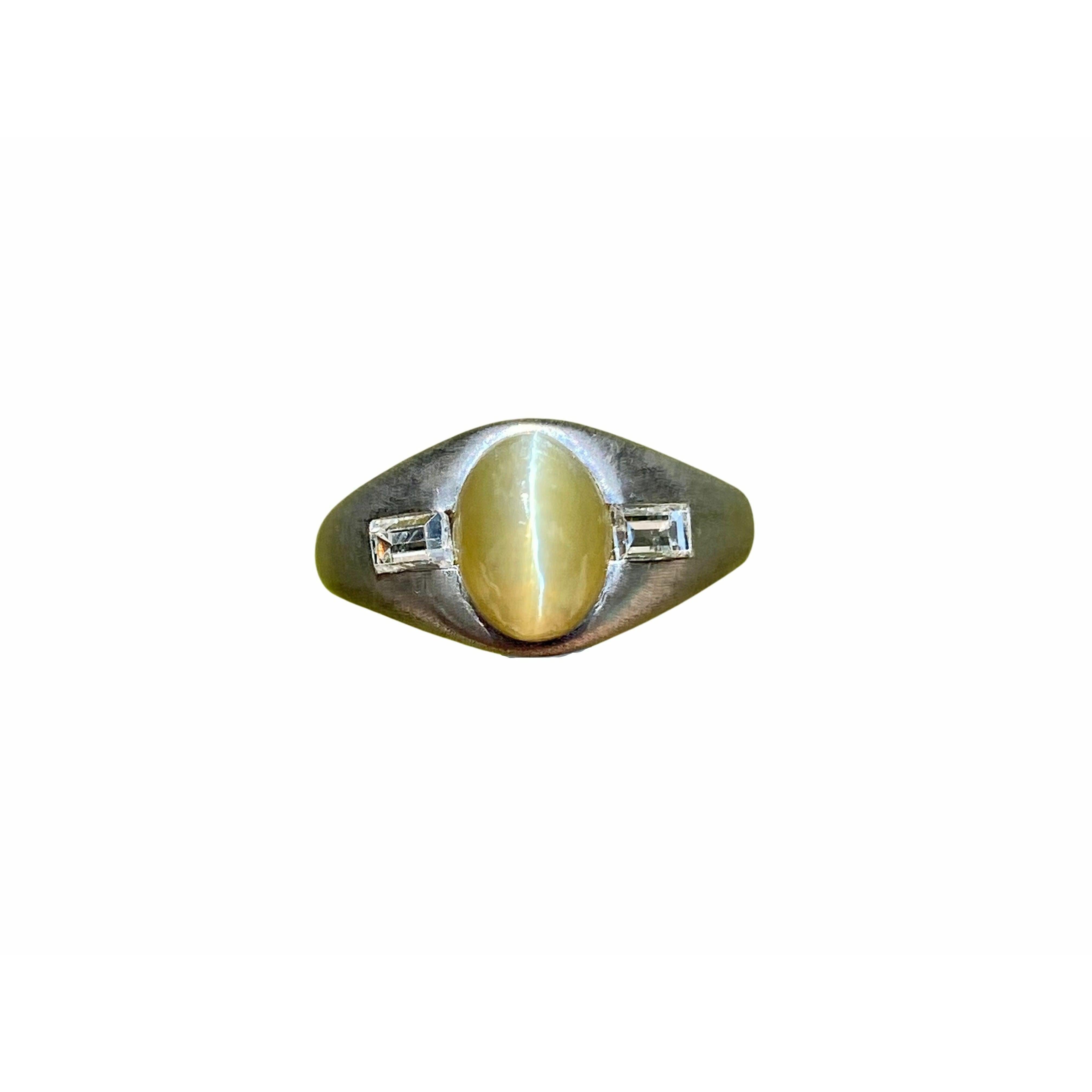 Natural Cats Eye and Baguette Cut Diamonds in Platinum Ring - ASSAY