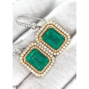 Natural Colombian 7.36 CTTW Emerald & Diamond Halo Dangle Drop 18K Gold Earrings – Assay Jewelers