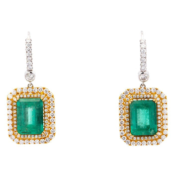Natural Colombian 7.36 CTTW Emerald & Diamond Halo Dangle Drop 18K Gold Earrings – Assay Jewelers