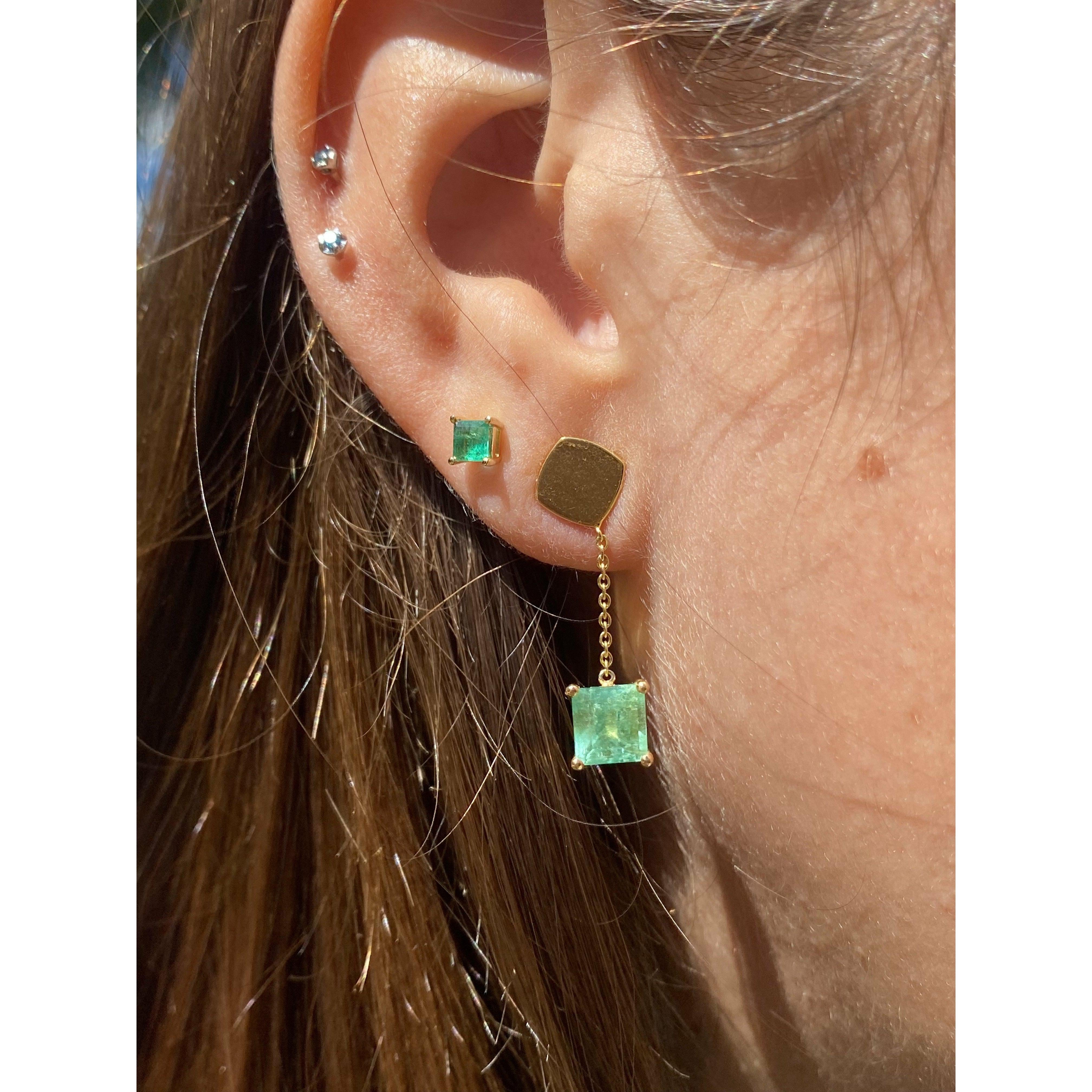 Natural Colombian Emerald Square cut drop Earrings in 18k solid gold - ASSAY