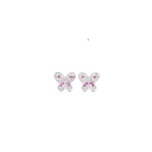 Natural Diamond and Pink Sapphire Cluster Butterfly Stud Earrings in 14K White Gold