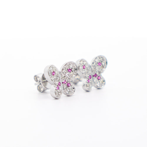 Natural Diamond and Pink Sapphire Cluster Butterfly Stud Earrings in 14K White Gold