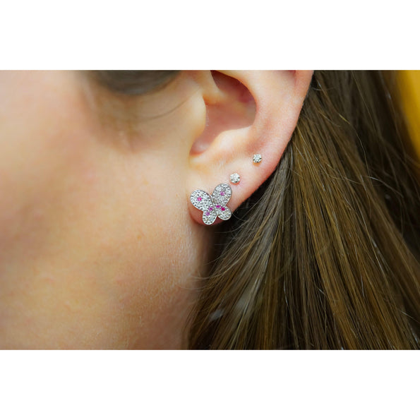 Natural Diamond and Pink Sapphire Cluster Butterfly Stud Earrings in 14K White Gold