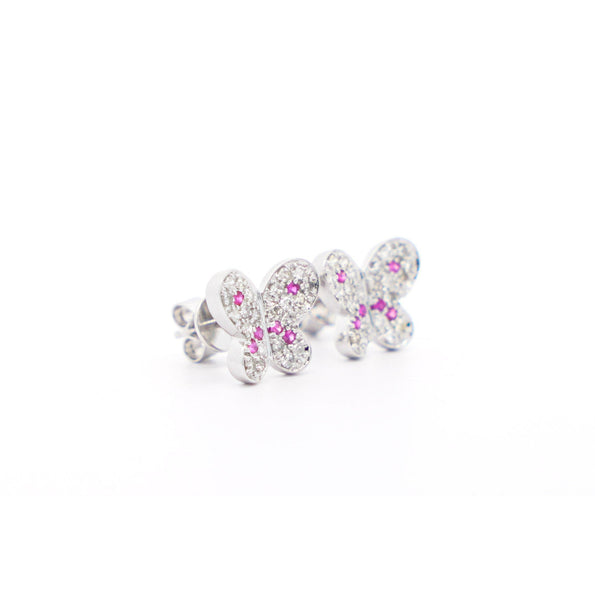 Natural Diamond and Pink Sapphire Cluster Butterfly Stud Earrings in 14K White Gold