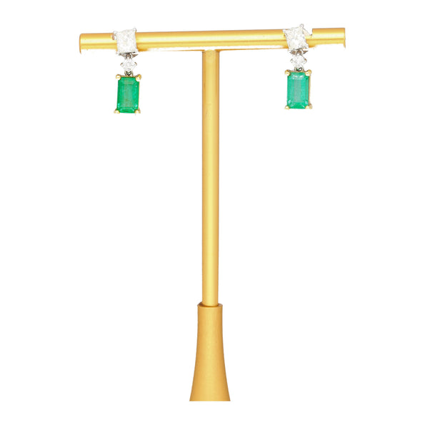 Natural Elongated Emerald and Diamond Drop Earrings in 18K Gold