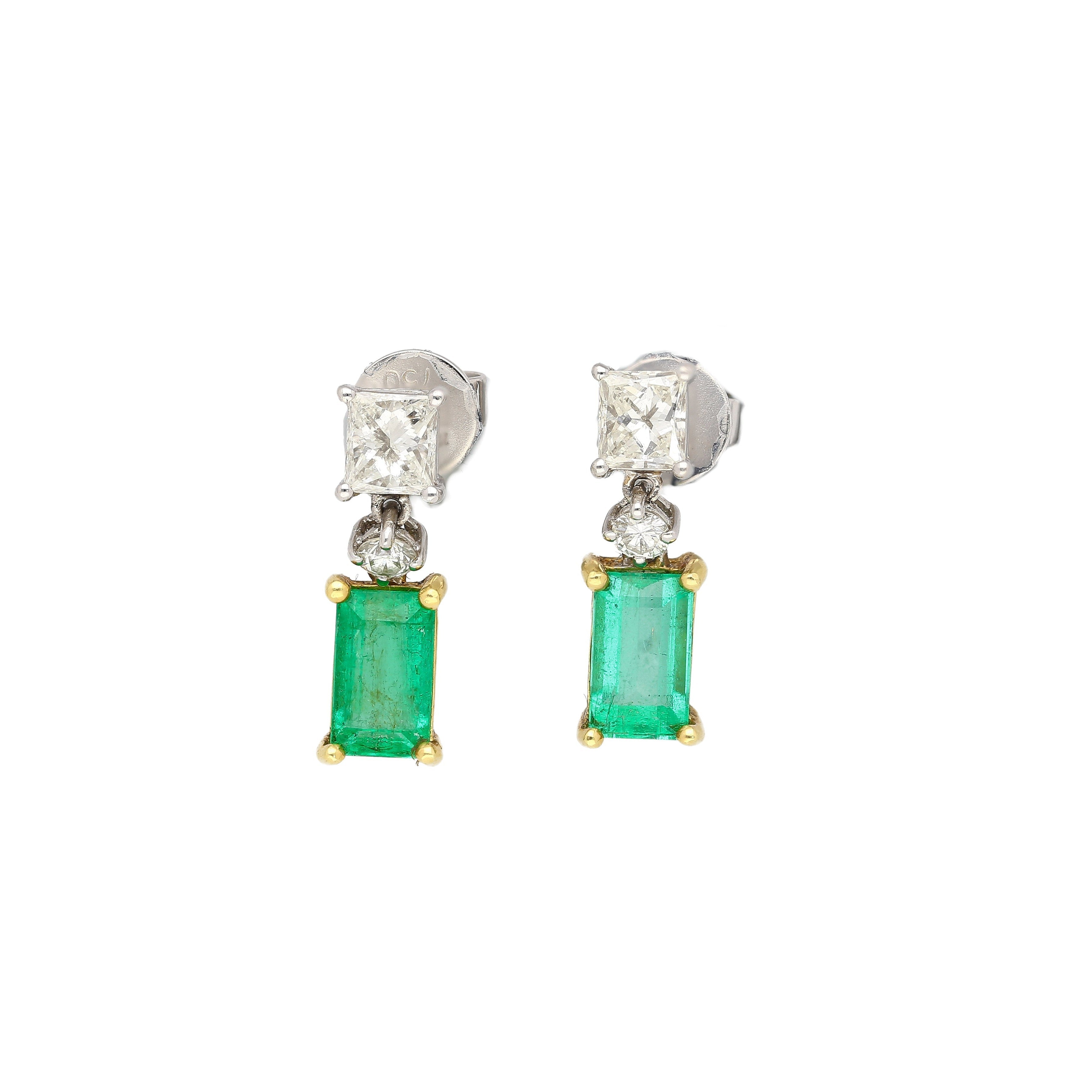 Natural Elongated Emerald and Diamond Drop Earrings in 18K Gold-Earrings-ASSAY