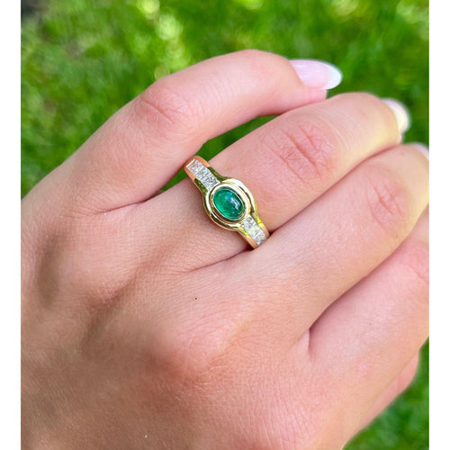 Natural Emerald Bezel Set Cabochon Cut Ring With Princess Cut Diamonds in 18K Yellow Gold