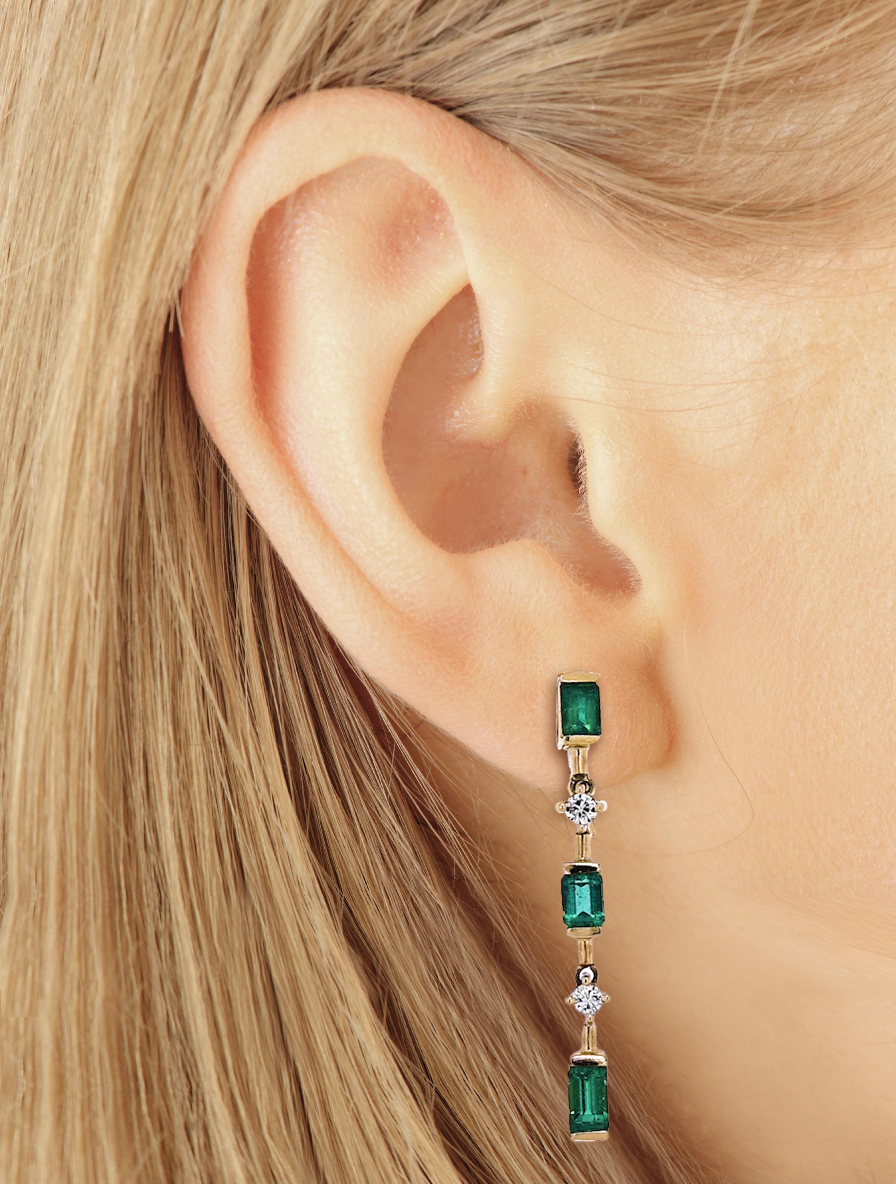 Natural Emerald Drop Earrings in 14k Gold Clip On Closure