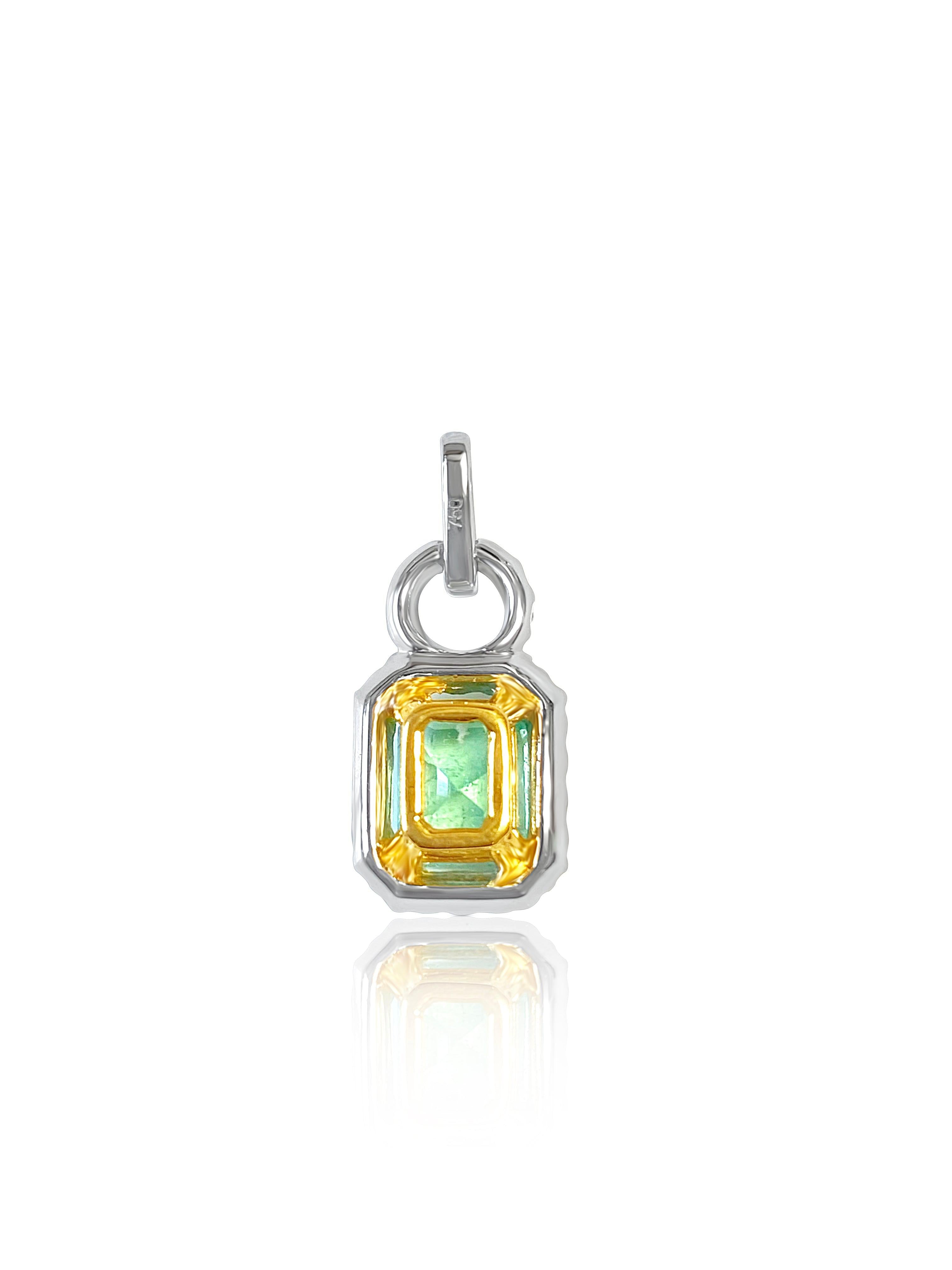 Natural Emerald Pendant and Diamond Halo in 18k Solid White Gold - ASSAY