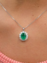 Natural Emerald Pendant and Diamond Halo in 18k Solid White Gold - ASSAY