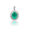 Natural Emerald Pendant and Diamond Halo in 18k Solid White Gold