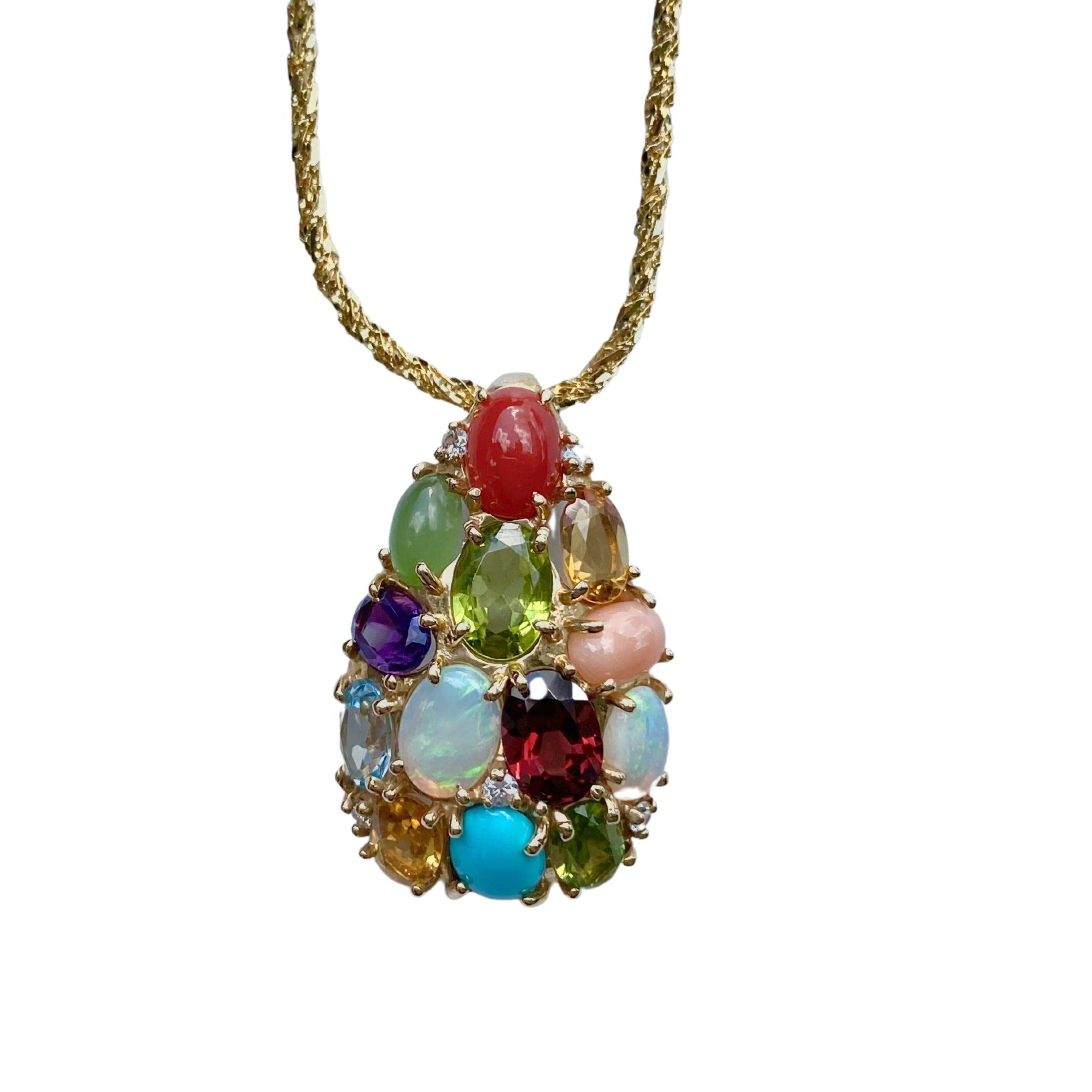 Natural Gemstone Cluster Pendant and 14k gold Necklace - ASSAY