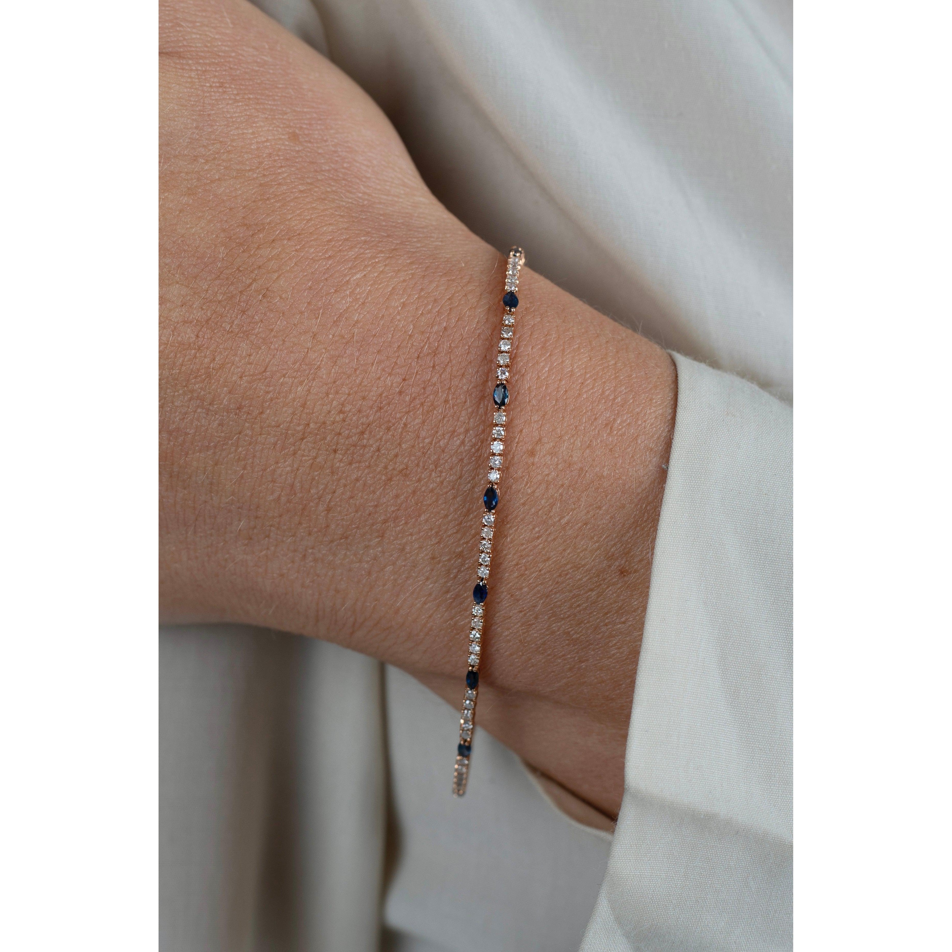 Natural Marquise Cut Blue Sapphire and Round Diamond Tennis Bracelet in 18kt Rose Gold-Bracelets-ASSAY