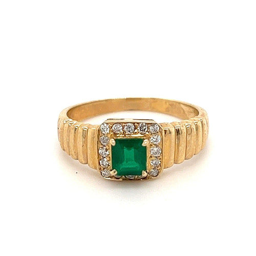 Natural Square Cut Emerald and Round Diamond Halo in 14k Ribbed Gold Ring