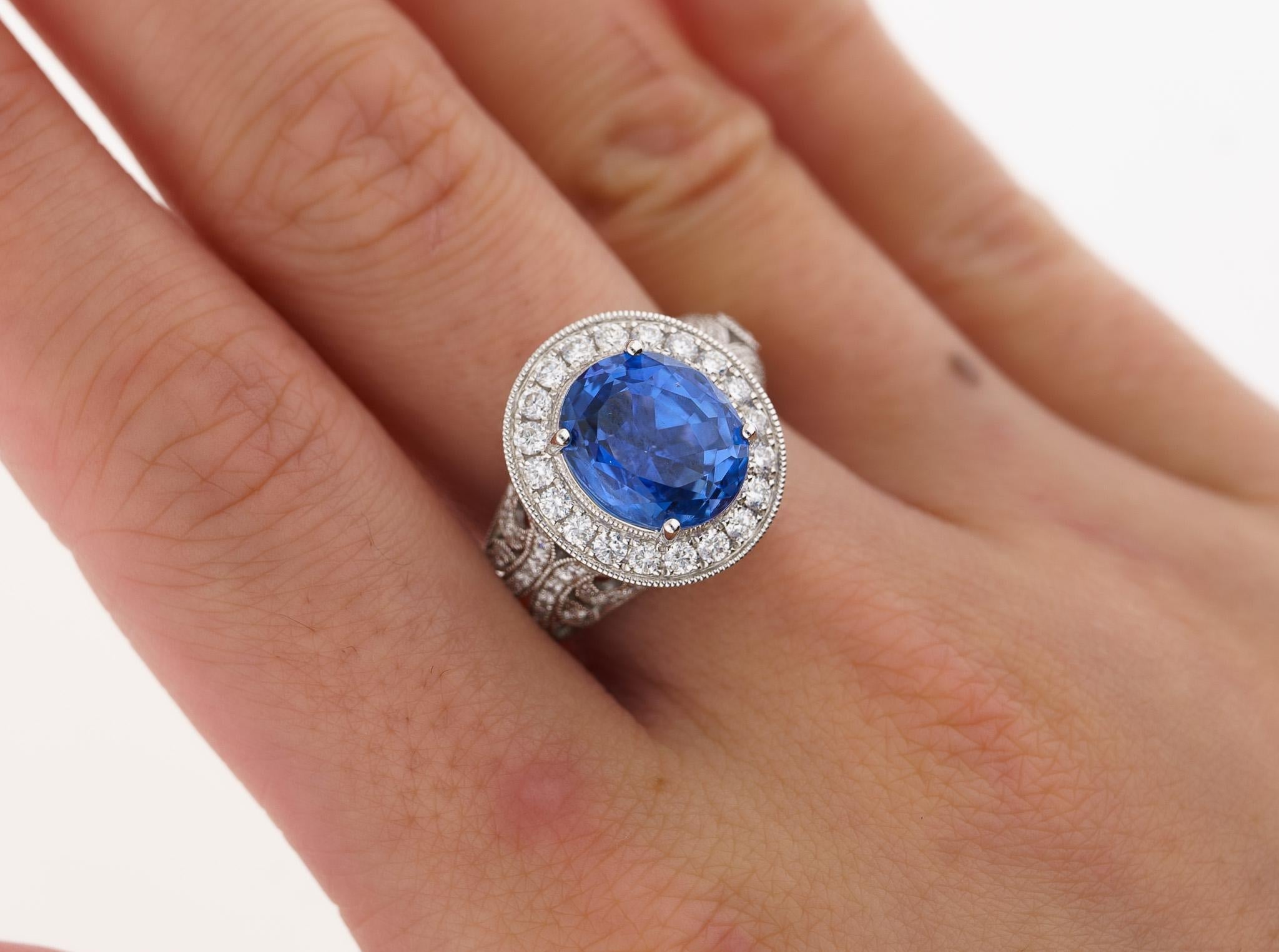 No Heat 4.79 Carat Blue Ceylon Sapphire with Diamonds in 18K Gold Ring