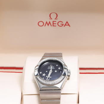 Omega Constellation 27mm Diamond Bezel Black Star Dial Steel Watch 2022 Full Set – Assay Jewelers