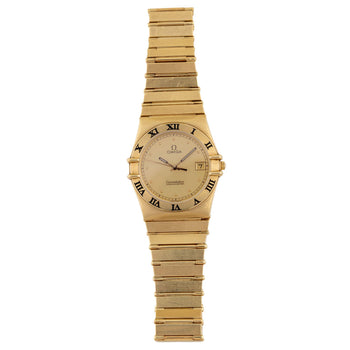 Omega Constellation Manhattan 18K Gold Roman Numeral Bezel Champagne Dial Watch – Assay Jewelers