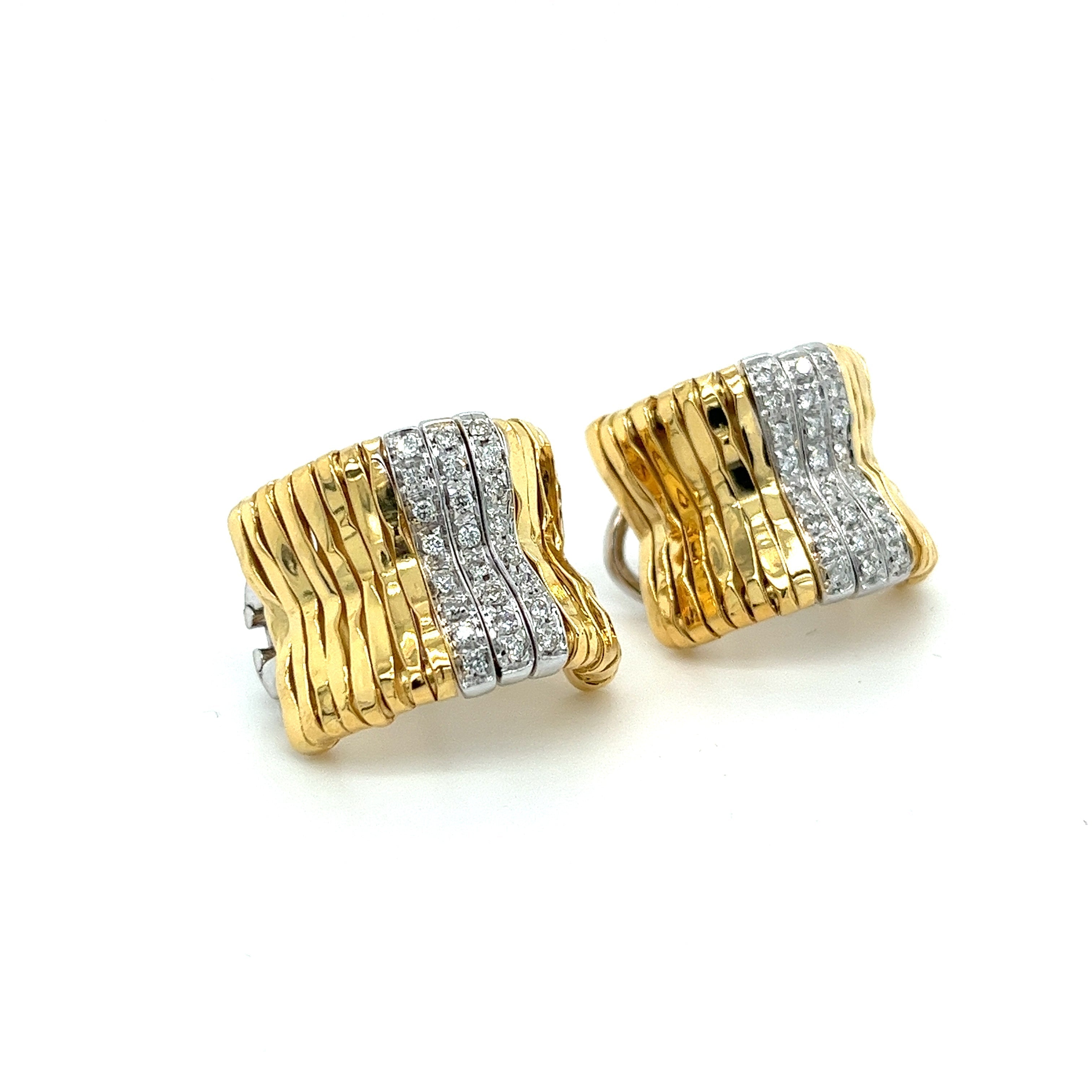 Orlandini Signed 18K Two Tone Gold Ribbed Bar Hug Hoop Earrings with Round Cut Diamonds-Earrings-ASSAY