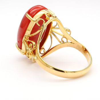 Oval Redish Orange Coral Cabochon 18K Gold Filigree Scrollwork Ring – Assay Jewelers
