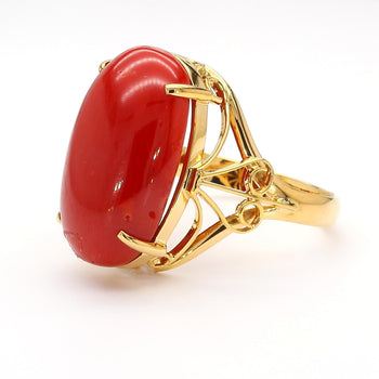 Oval Redish Orange Coral Cabochon 18K Gold Filigree Scrollwork Ring – Assay Jewelers