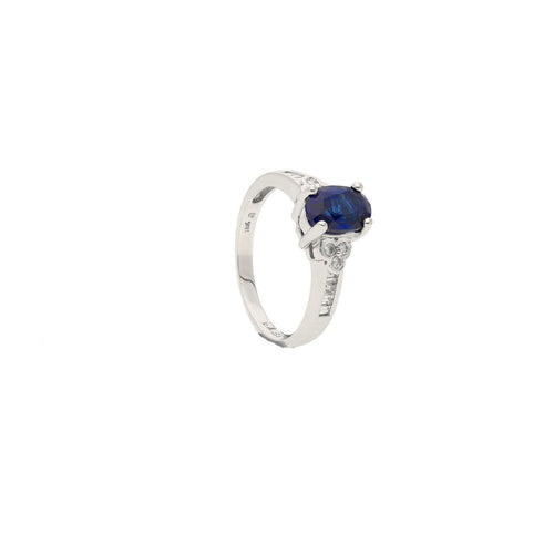 Oval cut Natural Blue Sapphire with natural baguette cut diamonds in 18k solid white gold