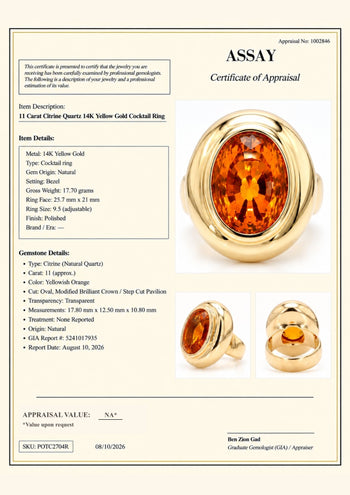GIA Cert. 11 Carat Oval Citrine Bezel 14K Gold Cocktail Ring – Assay Jewelers