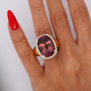 18.75 Carat Cushion Cut Pink Tourmaline & Diamond Halo Set 18K Yellow Gold Ring – Assay Jewelers