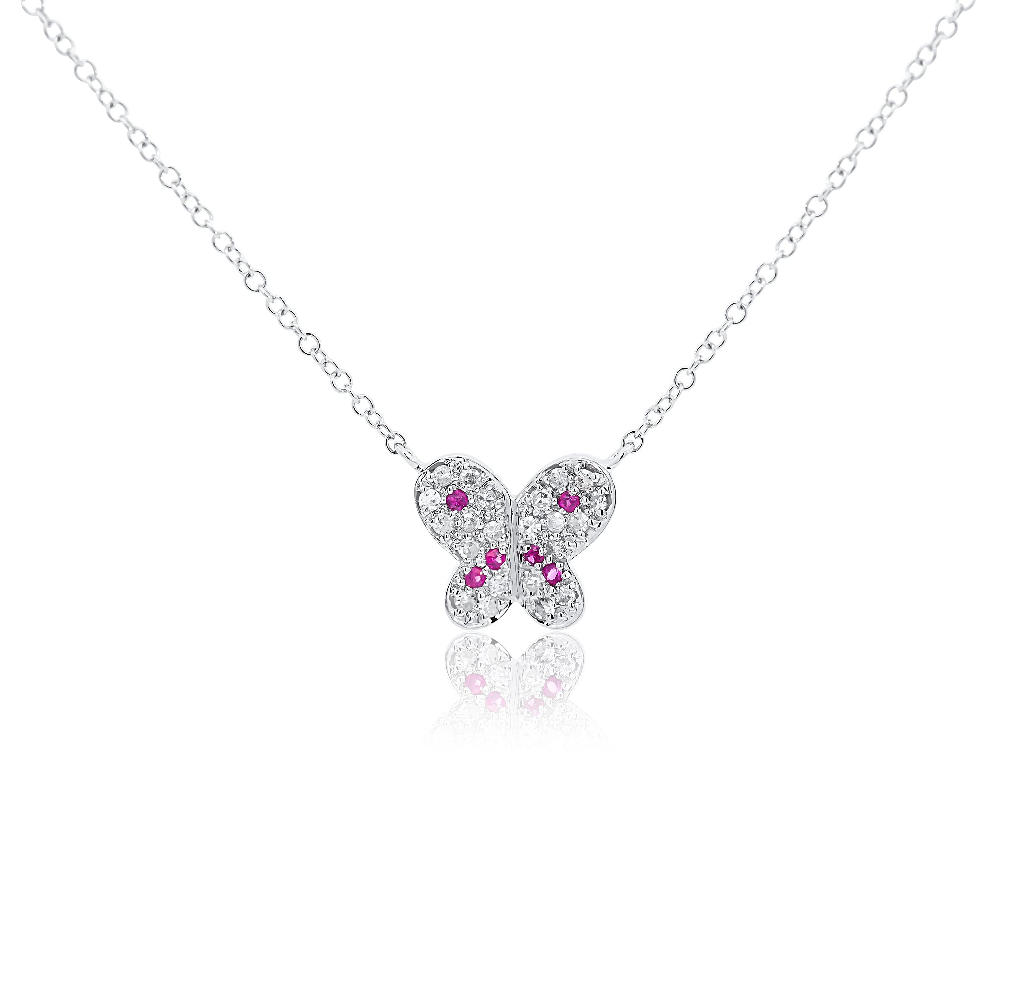 Pink Sapphire and Diamond Butterfly 14K White Gold Floating Pendant Necklace-Necklace-ASSAY